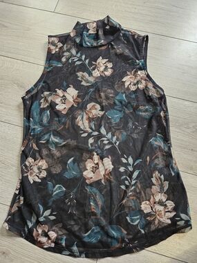 RW&CO Floral Mesh Mock Neck Sleeveless Top Sheer Black Floral Print🔥medium